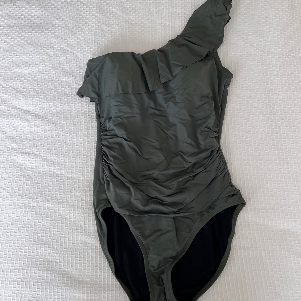 Olive green one shoulder ruffle swimsuit